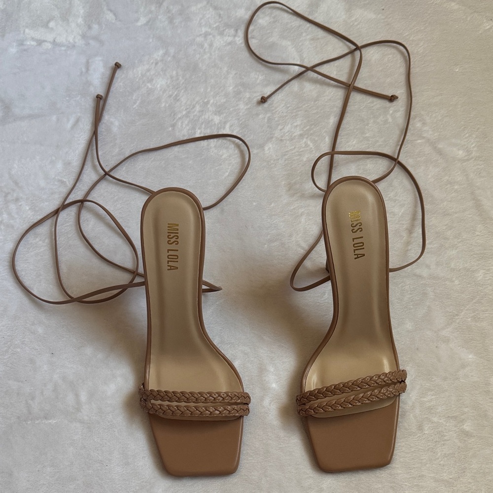 NWOT Miss Lola Tan  Braided Strap Heels